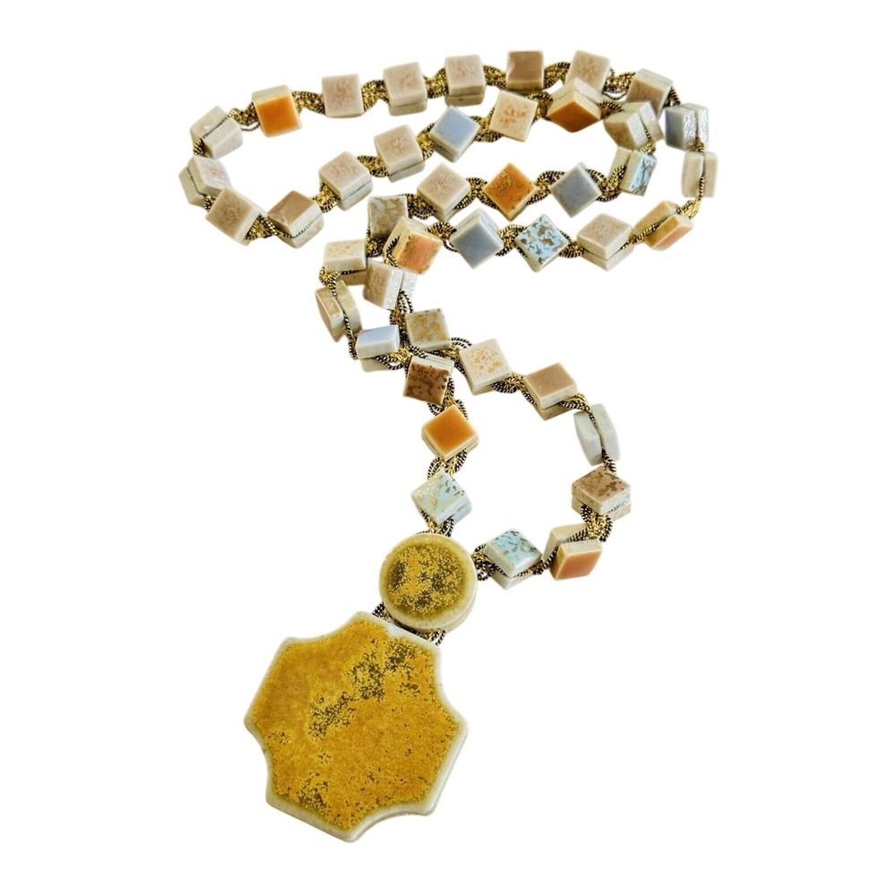 Vtg Mosaic Tile Cross Ceramic Necklace‎ Rare Collar Beaded Statement MCM Retro